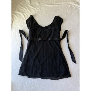 Studio Y Black Pleated Bow Chiffon Cap Sleeve Shirt L Preppy Feminine